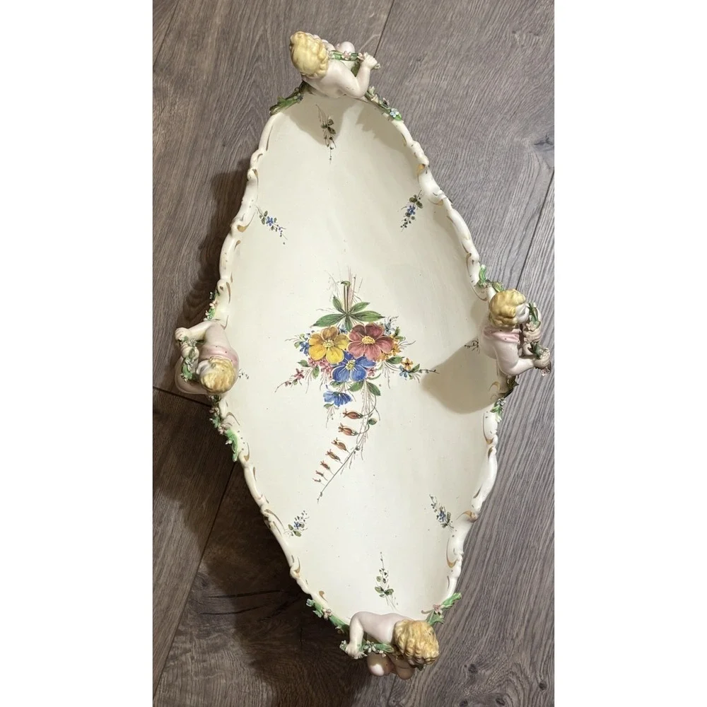 Vintage Capodimonte Italy Cherub Centerpiece Bowl Hand Painted Signed 20x10x9